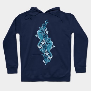 Monochrome Blue and White Seahorses and Starfish Hoodie